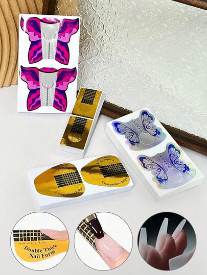 100pcs/Pack Nail Extension Paper Forms, Square, Horseshoe, Butterfly Shaped Crystal Nail Tip Extension Mold, Nail Art Tools For Gel Manicure