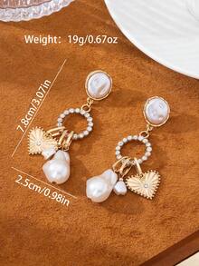 一对时尚水钻仿珍珠心形吊坠耳环，适合女士参加派对、聚会、日常佩戴，百搭礼物。 - 金黃色 - 查看 2