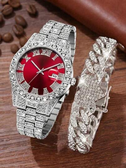 2pcs Women's Alloy Quartz Watch Heart-Shaped Bracelet Jewelry Set, Gorgeous Rhinestone Roman Scale With Calendar Function, Minimalist Dial For Daily Wear, Party Decoration Or Festival Gifts For Friends And Mothers