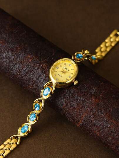 椭圆形金色女士石英表，时尚复古艺术设计，适合日常送礼和聚会场合