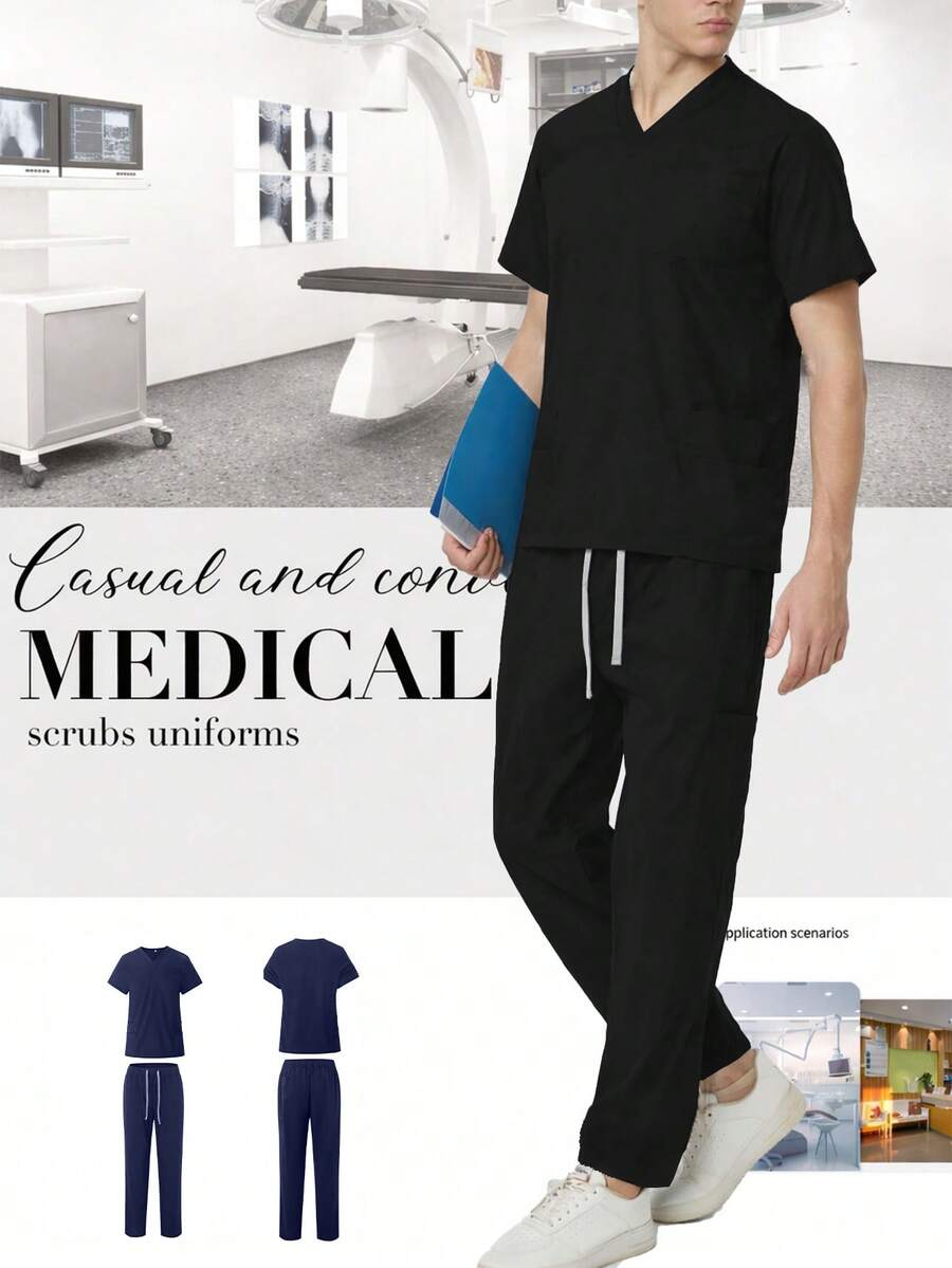 Conjunto de pijama médico de cuello en V negro de manga corta, uniforme médico para médicos y enfermeras - Negro - Ver 1