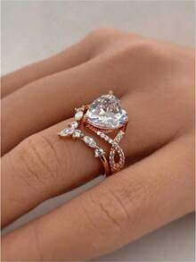 2件套优雅心形玫瑰金戒指套装，女士奢华四季珠宝，完美情人节礼物（无包装盒） - 玫瑰金 - 查看 5