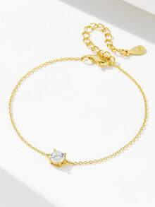 1 pieza Pulsera de plata de ley S925 con un solo diamante, diseño de nicho de estilo europeo y americano Ins, accesorio de lujo y versátil - Dorado - Ver 6