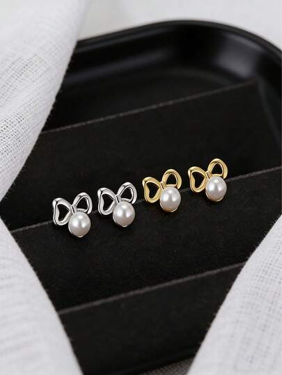 1 par de pendientes de plata pura S999 con lazo y perla, diseño pequeño y delicado, elegantes y versátiles para uso diario, ir al trabajo, fiestas, adecuados para estudiantes, oficinistas y citas, que irradian un aura suave, dulce y femenina