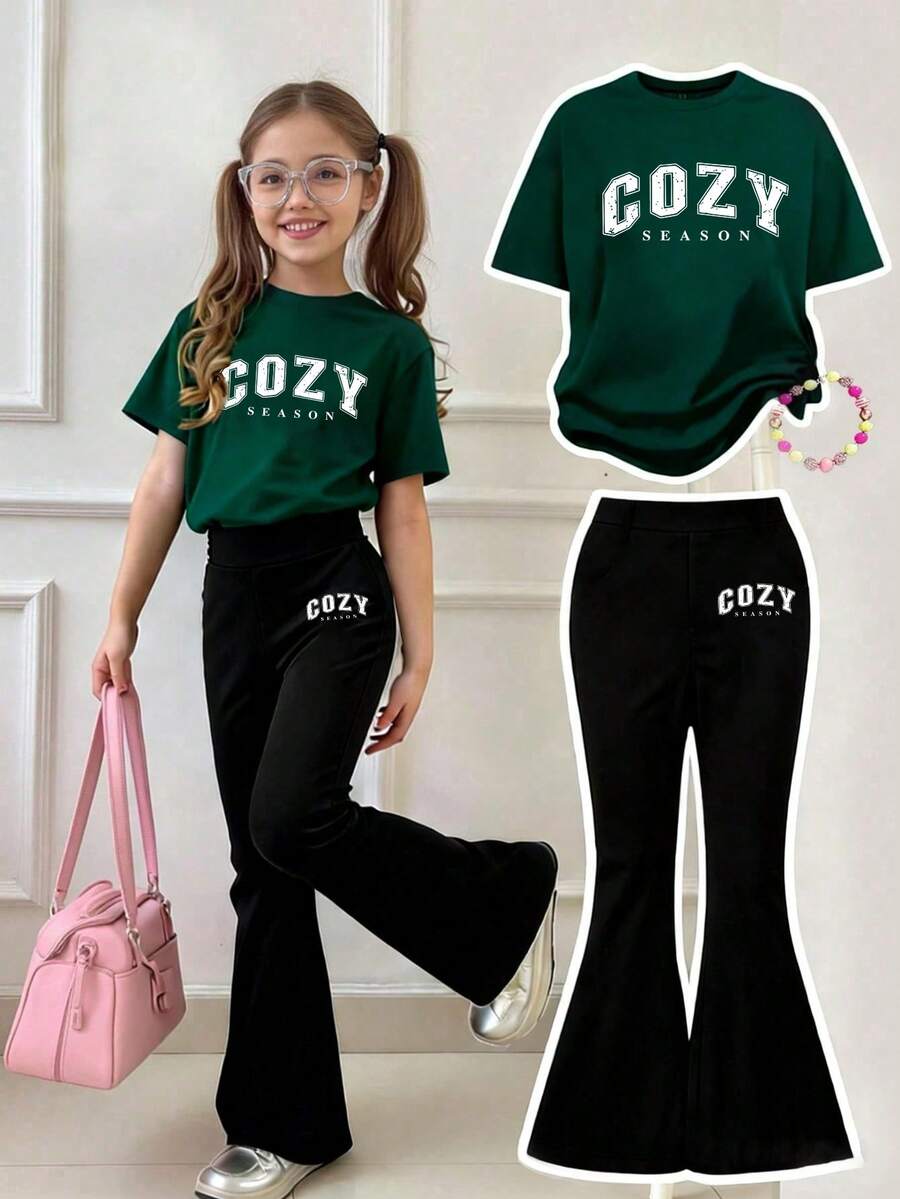两件套少女字母印花绿色T恤和黑色喇叭裤套装 - 綠色 - 查看 1