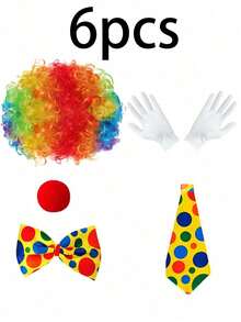 6件套马戏派对服装道具，包括小丑面具、领结、海绵鼻子、鞋套、小丑假发、表演道具 - 彩色 - 查看 3