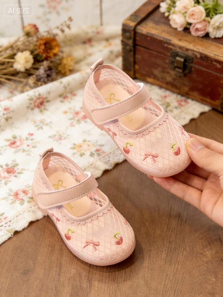 1双婴幼儿女童透气网面公主鞋，春夏柔软防滑鞋，甜美樱桃蝴蝶结网面鞋，轻便灵活的学步鞋，适合幼儿园日常穿着 - 粉色 - 查看 1