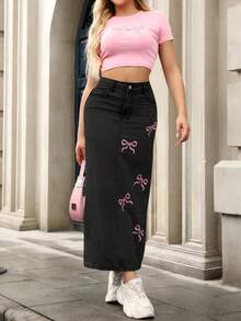 Mobula Sound# 中东春夏Y2K性感音乐节学生学院休闲度假时尚可爱蝴蝶结刺绣紧身牛仔长裙 - 普洗黑 - 查看 4