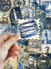 50张复古蓝色航海主题贴纸，可用于笔记本、笔记本电脑、手机壳、行李箱等装饰 - A - 查看 8