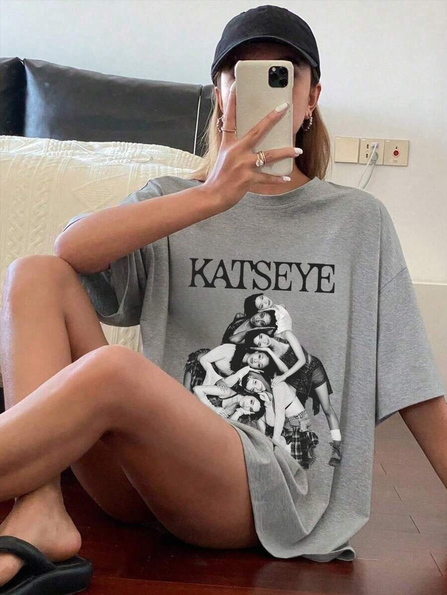 100%棉女式T卹，KATSEYE圖案T卹，春夏 四季 新款運動女裝，時尚柔軟透氣女式短袖上衣 - 灰色 - 查看 1