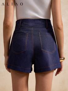 Quần short denim cạp cao màu chàm Aliao, quần short ôm sát gợi cảm phong cách retro mùa hè, quần short có túi, trang phục đa năng phong cách bohemian cho lễ hội âm nhạc, bãi biển dành cho nữ. - Màu xanh hải quân - Xem 9