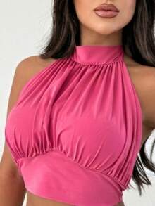 Cropped Balloon Top With Neck Tie, Sensual And Elegant, Made Of Spandex. - 玫紅色 - 查看 3