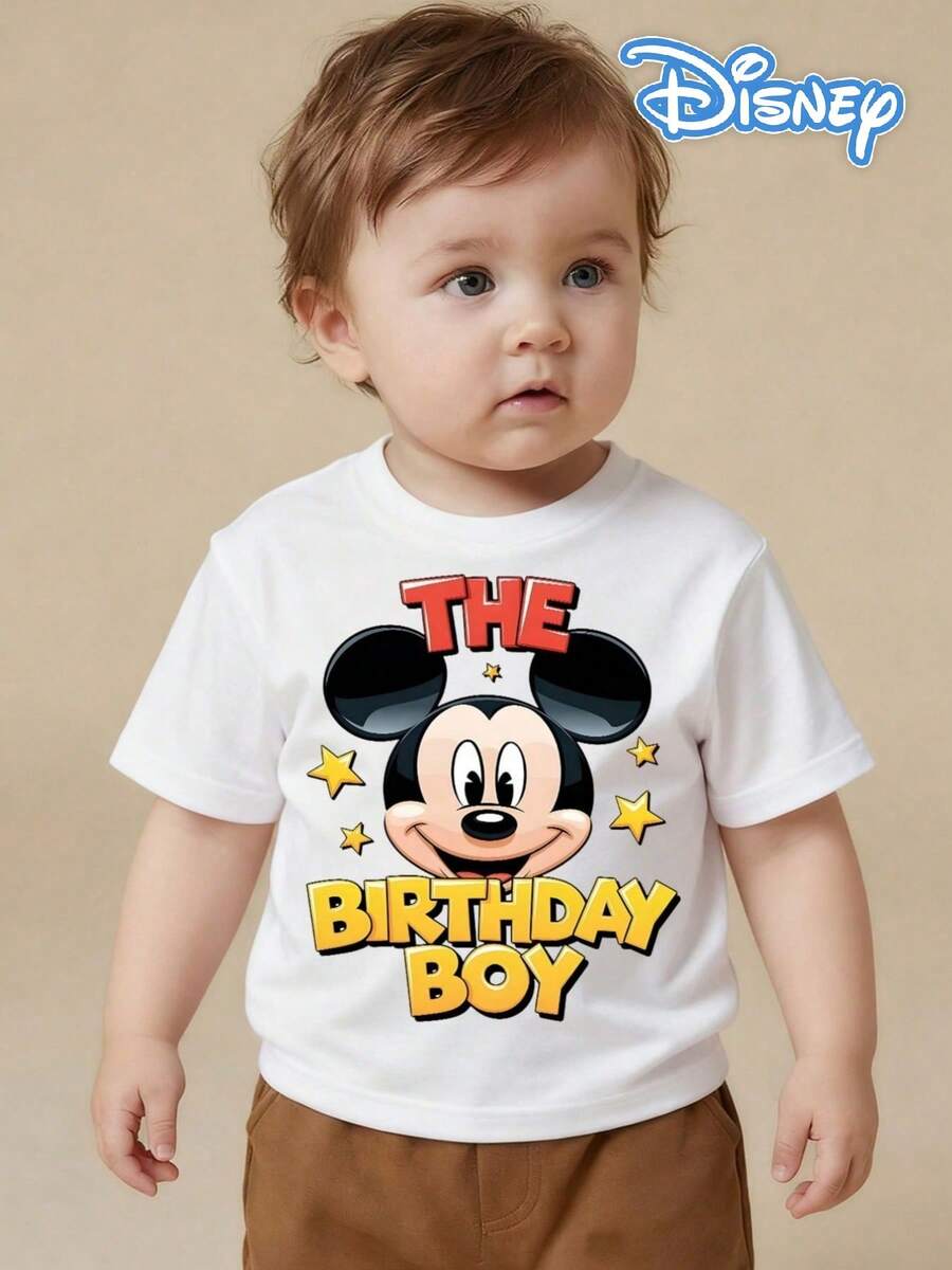 Disney White Background Mickey Mouse THE BIRTHDAY BOY Star Print Baby Short Sleeve T-Shirt - Birthday-Themed Playful Casual Top - 白色 - 查看 1
