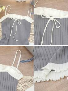 春夏简约性感荷叶边系带吊带背心，罗纹针织修身背心，甜美性感露脐上衣，适合女孩休闲穿着 - 灰色 - 查看 7
