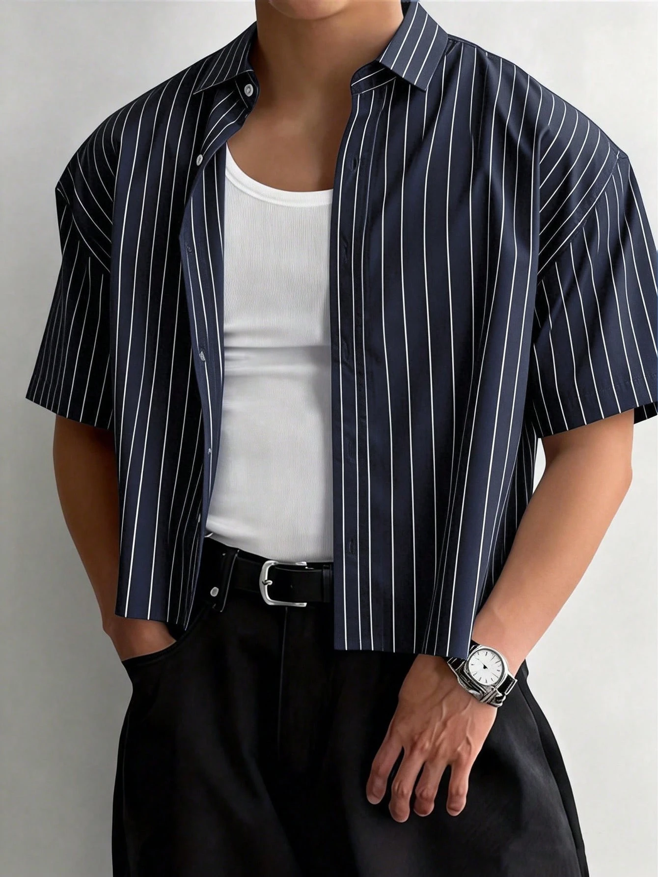 Wait Him Men’S Vintage Vertical Striped Short Sleeve Shirt, Spring Summer