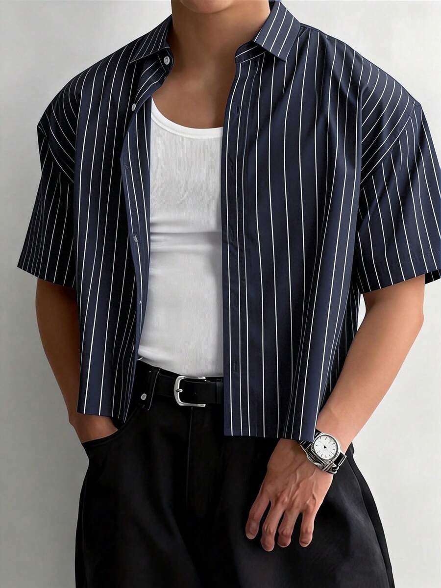 WAIT HIM Men's Casual Loose Striped Short Sleeve Shirt, Spring To Summer - Navy Blue - View 1