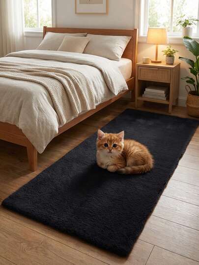 1pc Black Faux Fur Rug, Soft & Fluffy Indoor Decor Carpet For Bedroom, Living Room, Dressing Room, Window Sill, Tatami Mat And Other Scenes, Lightweight Luxurious Plush Home Decor
