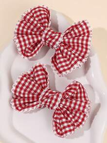 2pcs Red & White Plaid Girls Hair Clips, Fabric Nylon Lace Decorated Hair Accessories, Fashion Hair Accessories, Suitable For Spring/Summer Party Gifts - Red - View 5