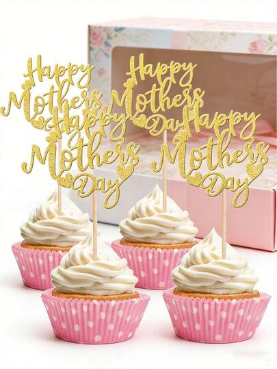 12个闪亮心形“母亲节快乐”纸杯蛋糕装饰插牌，适合母亲节主题女士生日派对蛋糕装饰，金色