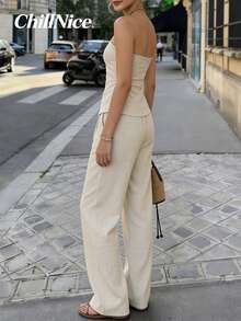 两件套春季男女通用套装 - 女士休闲时尚无肩带上衣和裤子套装，配木屐，轻盈透气面料，适合城市漫步、日常外出和野餐约会。 - 杏色 - 查看 2