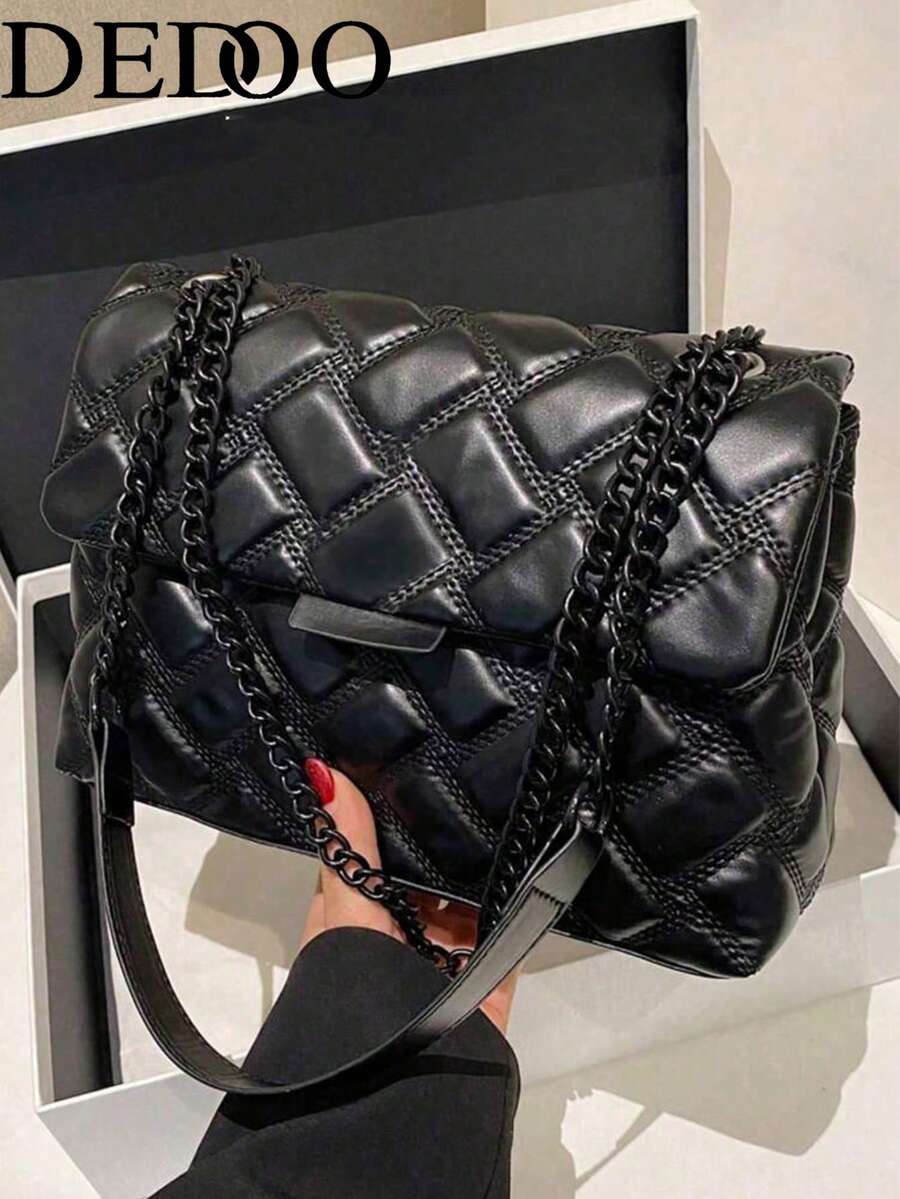 Dedoo Bolso de hombro de moda de alta calidad con textura simple y de colores, diseño de cuadrícula exquisito y elegante con correa de cadena, bolso multifuncional clásico y elegante para damas de oficina - Negro - Ver 1