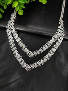 1 Set de Joyería de Lujo para Mujer con Tono Plateado de Cobre y Cristales Rhinestone, 4 piezas Collar, Aretes, Pulsera, Anillo, Adecuado para Novia de Medio Oriente Dubai, Europa, África, Boda, Fiesta, Día de San Valentín, Día de la Madre, Regalo de Vacaciones - Plateado - Ver 3