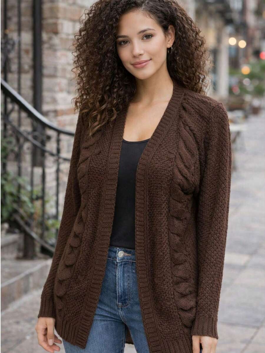 Women's Long Knitted Cardigan, Braided, Winter, Elegant, Casual, Knit, Cable Stitch, Coat, Home, Office, Vacation, School, Travel - 鏽棕色 - 查看 1