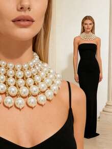 ZHENGHEN 魅力超大珍珠项链 - Y2K 美学宣言项链，性感大胆的串珠项圈，适合节日装扮和正式场合 - 白色 - 查看 2