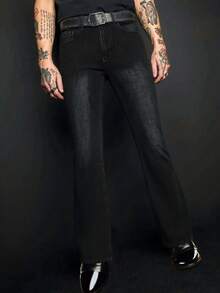 YANGCANREN 男士时尚修身喇叭弹力牛仔裤 - 黑色 - 查看 4