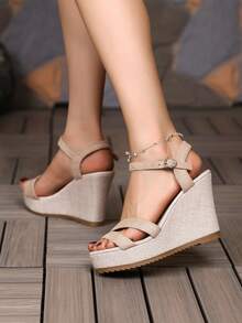 New Summer Wedge Fairy Sandals Thick Sole Waterproof Height-Increasing Slimming Platform Shoes - Khaki - View 6