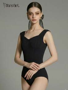 DonsGirl 女士修身芭蕾舞紧身衣 - 袖子和腰部采用褶皱设计 | 现代/古典舞蹈表演服装 黑色 - 黑色 - 查看 11
