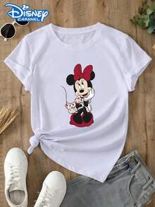 This Disney Women's Round Neck T-Shirt Features A Minnie Mouse Floral Theme, A Red Bow, And A Casual, Versatile Style. Perfect For Vacations And Disneyland Getaways. Made From Soft, Comfortable, And Durable Fabric, This Spring/Summer Women's Round Neck T-Shirt Is Ideal For Everyday Wear-Shopping, Parties, Travel, Or Gatherings. It Also Makes A Lovely Gift. - White - View 1
