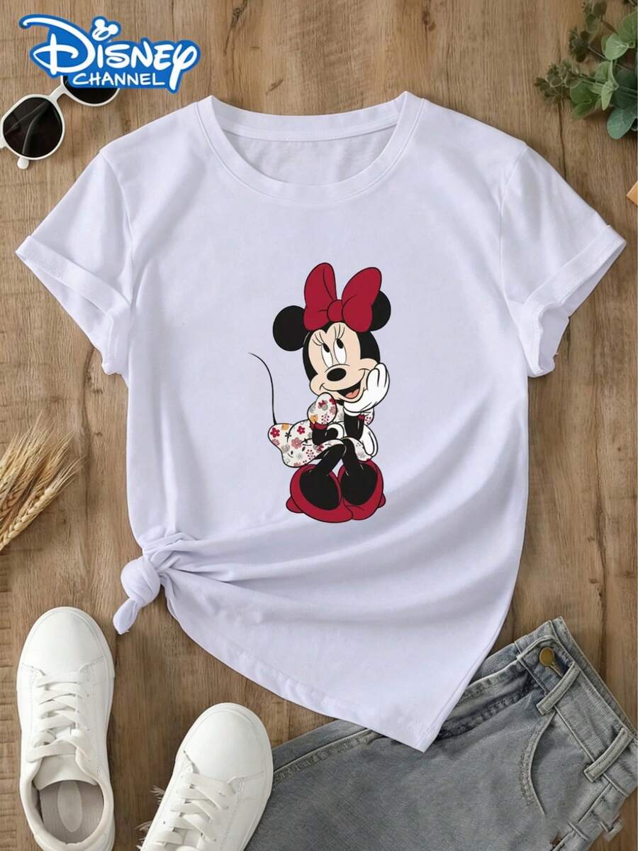 This Disney Women's Round Neck T-Shirt Features A Minnie Mouse Floral Theme, A Red Bow, And A Casual, Versatile Style. Perfect For Vacations And Disneyland Getaways. Made From Soft, Comfortable, And Durable Fabric, This Spring/Summer Women's Round Neck T-Shirt Is Ideal For Everyday Wear-Shopping, Parties, Travel, Or Gatherings. It Also Makes A Lovely Gift. - White - View 1
