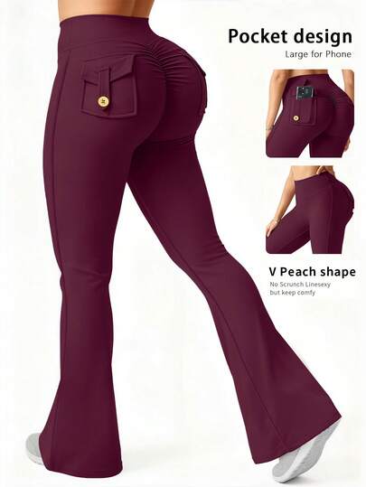 6pecil Pantalones acampanados para mujer con bolsillos, Leggings deportivos ajustados para mujer que levantan el trasero, Pantalones de yoga, Morado-Rojo Medio Primavera