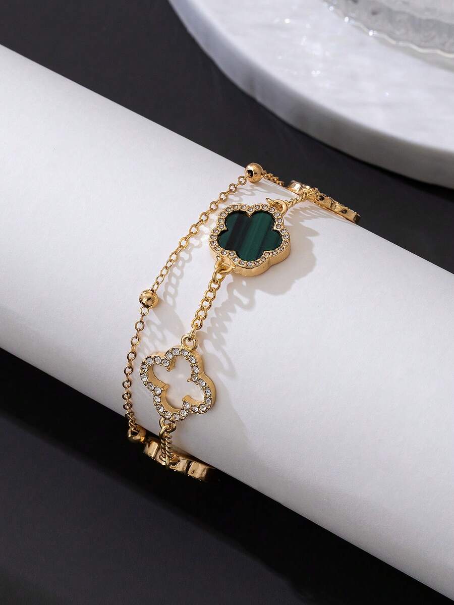 1pc Business Design Classic Rhinestone Hollow Four-Leaf Clover Fashion Lucky White & Green Five-Leaf Clover Double-Layer Bracelet For Men (Handmade, Bead Quantity May Vary, Fixed Length Does Not Affect Wearing Effect) - Green - View 1