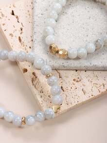 2 Pcs Gold Heart-Shaped Beaded Bracelet, Imitation Natural Stone Bead Bracelet, Couple's Bracelet, Friendship Bracelet, The Best Gift For Mom, Girlfriend, Or Friend. - Multicolor - View 4