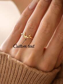 Customized Personalized Arabic Letter Ring, Stainless Steel Adjustable Open Ring, Classic Fashion Couple Ring, Anniversary Wedding Jewelry Gift For Family And Friends - Gold - View 3