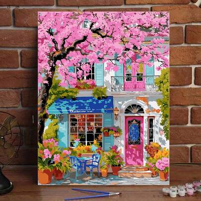 DIY Adult Acrylic Painting Kit - Sakura And Cottage, Artistic Oil Painting Set For Bedroom Decor And Art Wall, Simple And Fun Painting, No Drawing Experience Required, Fulfill Your Painter Dream, Immerse Yourself In The Colorful World, Each Stroke Is Self-Expression, Best Gift For Family And Friends, 40*50CM