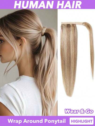 #12p613 Highlight Blonde Ponytail Extension Human Hair Ponytail For Women Clip In Ponytail Hair Extensions Wrap Around Long Ponytail Remy Straight Hairpiece Hair 8"-24" Real Natural Brazilian Remy Braid-Friendly DIY Ponytail For Women Adds Volume & Length Natural Look For All Ethnicities Ponytail Hair Extensions Versatile Hairpiece