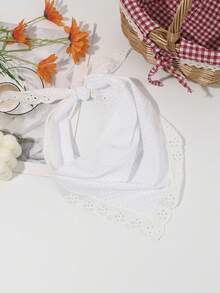 Minimalist Pastoral Style Waffle Knit Triangle Headwrap, Women White Headband & Hair Scarf With Eyelet Lace Trim, Elegant Hair Accessory For All Seasons & Vacation Outfits, Fashion Hair Accessory For Women - 白色 - 查看 2