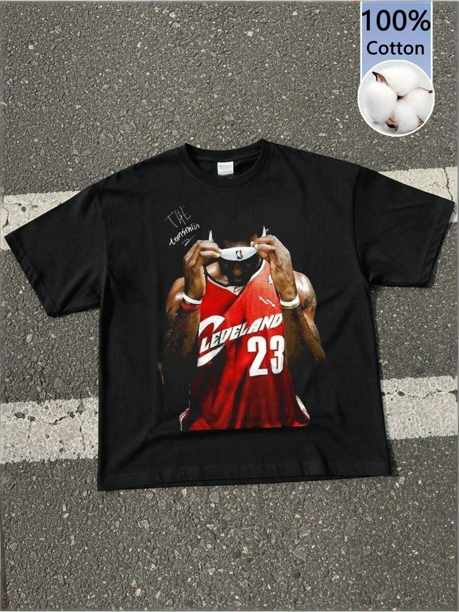 Local -63 Retro LeBronES JamEes Cleveland 23 Jersey Print Graphic TeeCasual PrintComfortable And VersatilePure Heavy 220 - 黑色 - 查看 1