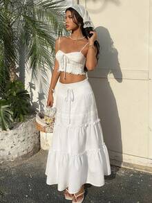 Women's Summer High Waist Pleated Layered Ruffle Lace Hem Skirt, Drawstring Ruffle Layered Design, Party Skirt, Bohemian Style Skirt, Lunch Skirt - White - View 1