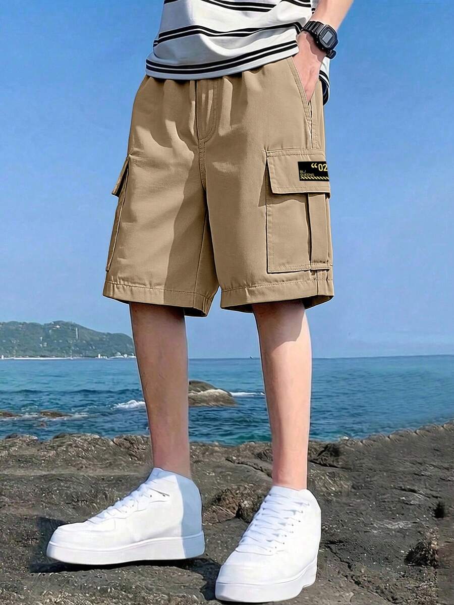 1件装 男童及青少年休闲夏季运动户外口袋时尚简约工装短裤，春/秋季 - 卡其色 - 查看 1