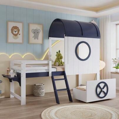 Bunk Bed, Loft Bed, Children's Bed With Roof And Window, Lower Drawer On Casters, Practical Two-Step Inclined Ladder, Pine + MDF + Plywood, White + Dark Blue, 90 X 200 Cm