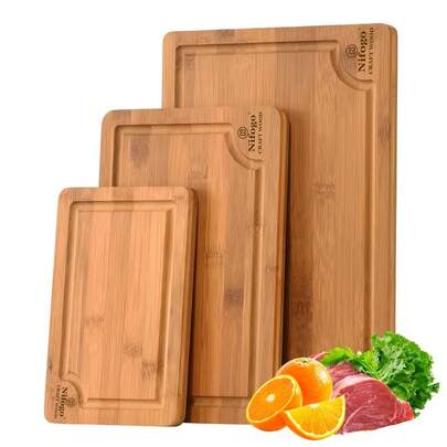 Cutting Board Set Of 3 - Kitchen Bamboo Cutting Boards For Bread, Meat And Cheese. Sturdy And Durable, Can Also Be Used As Serving Trays With Deep Juice Grooves.