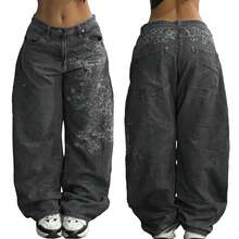 Baggy Jeans Women Men Hip Hop Goth Street Y2k Jeans Print Vintage High Waist Denim Wide Leg Pants Street Wear - 黑色 - 查看 8