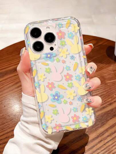 1pc Fashion Personalized Flower Rabbit Carrot Pattern Shock-Absorbing Airbag TPU Phone Case, Suitable For IPhone 16 Pro Max/16/16 Pro/16 Plus/15/15 Pro Max/15 Pro/11/12/13/14 Pro Max/11 Pro/11 Pro Max/12 Pro/12 Pro Max/13 Pro/13 Pro Max/14 Pro/14 Pro Max, Creative Elegant Soft Shell