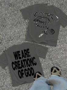 Unisex "We Are Creations Of God" Graphic T-Shirt, Double-Sided Rosary Cross Print 220G Cotton Y2K Streetwear Tee Y2K Dark Aesthetic Tee Breathable & Comfortable Cotton - 軍綠色 - 查看 1