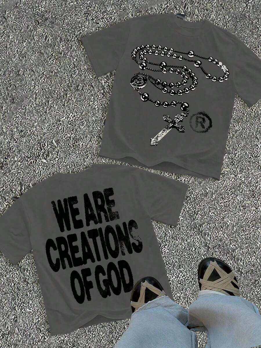 Unisex "We Are Creations Of God" Graphic T-Shirt, Double-Sided Rosary Cross Print 220G Cotton Y2K Streetwear Tee Y2K Dark Aesthetic Tee Breathable & Comfortable Cotton - 軍綠色 - 查看 1