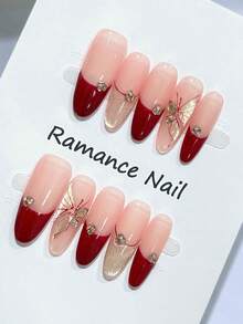 10Pcs Burgundy Gold Butterfly Press On Nails Elegant Design For Party And Daily Use - Multicolor - View 4